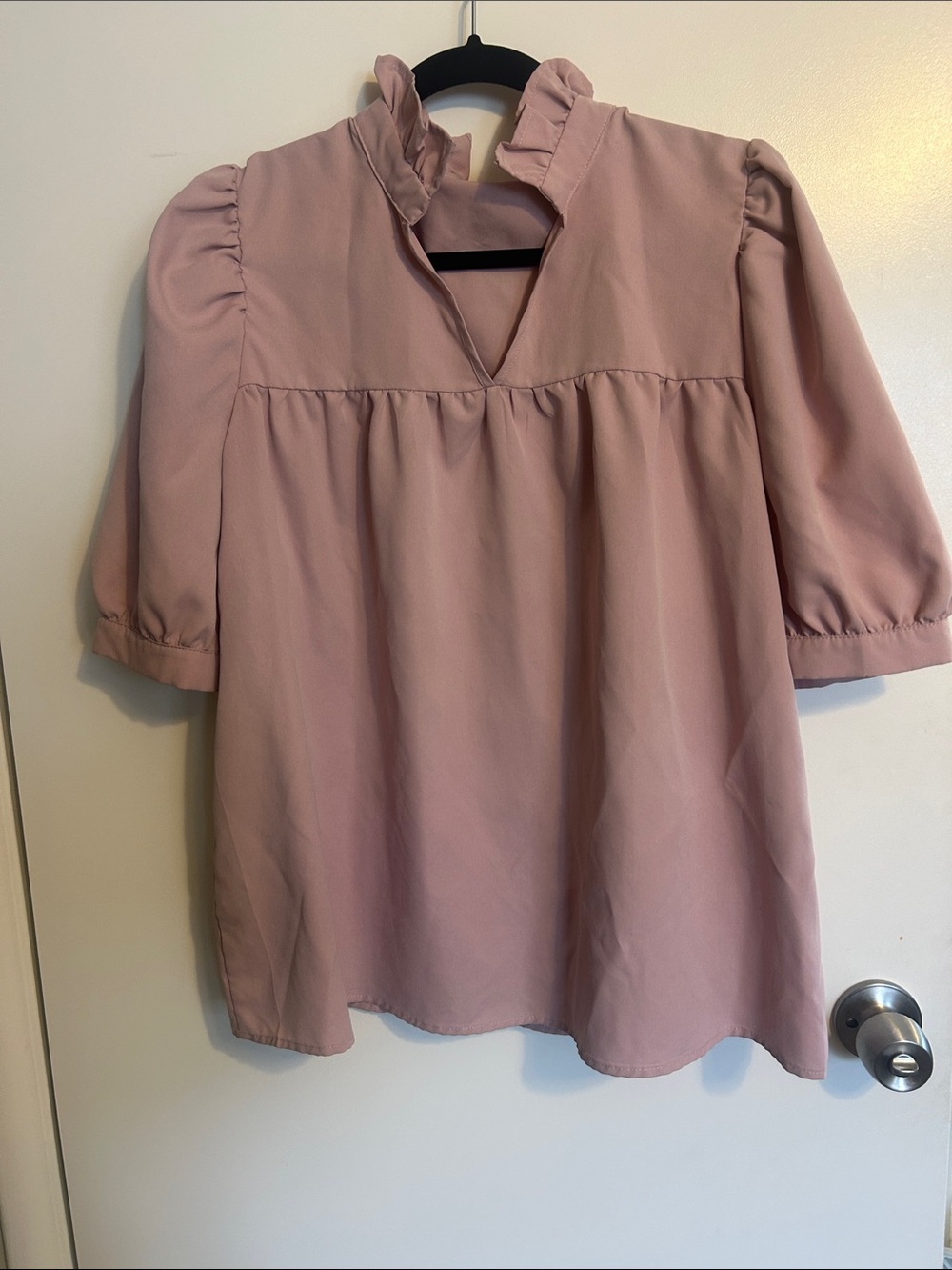 SHEIN Blush Pink Ruffled V-Neck Puff Sleeve Tunic